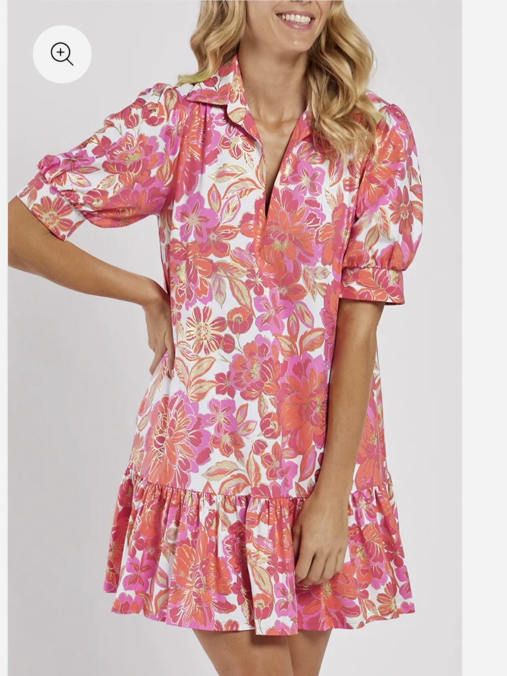 Jude Connally Flounce Ruffle Hem Collar Floral Dress Pink Orange White Gold - L